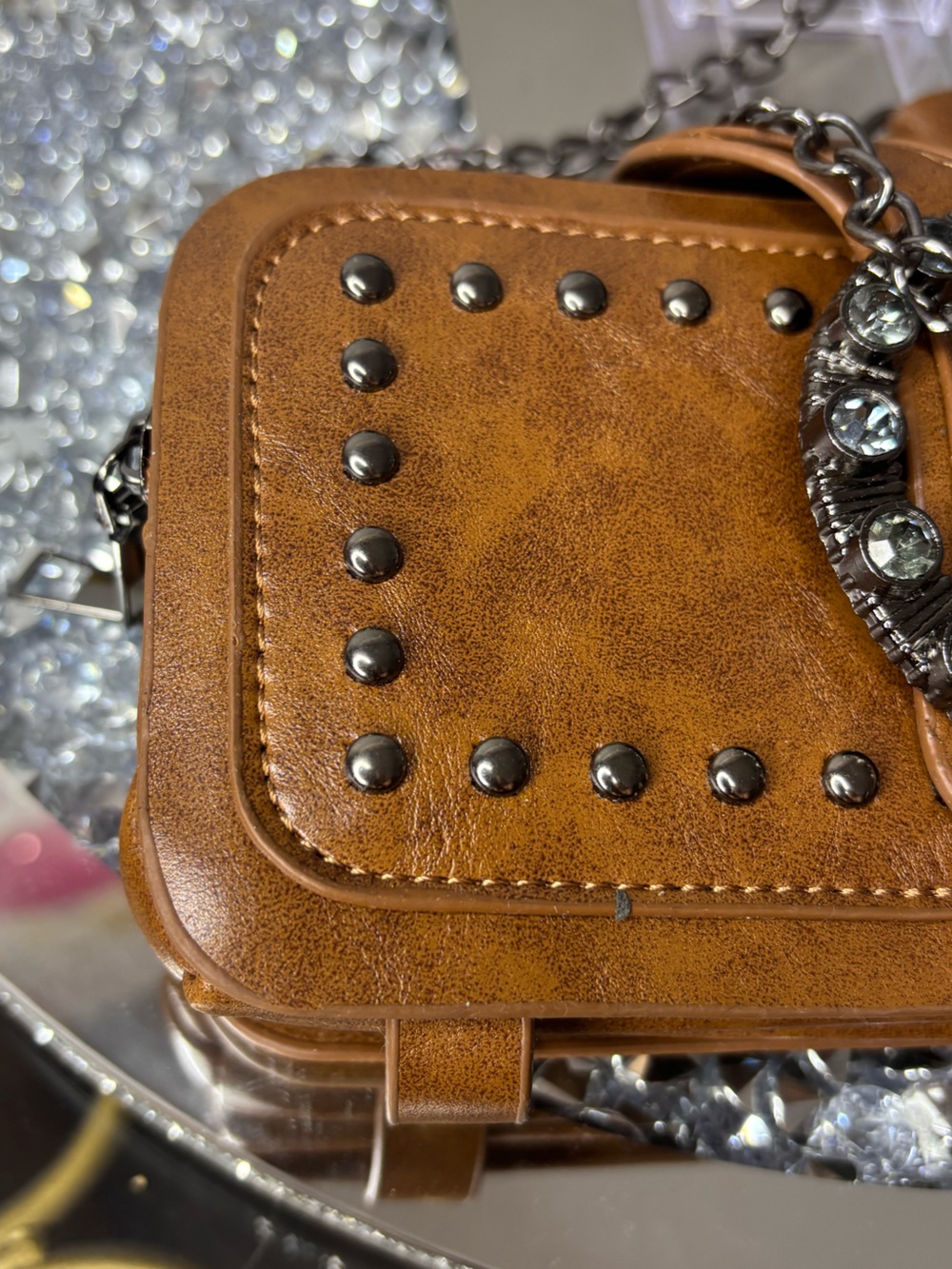 Rhinestone buckle Studded Brown Leather Crossbody NWOT - Picture 13 of 16
